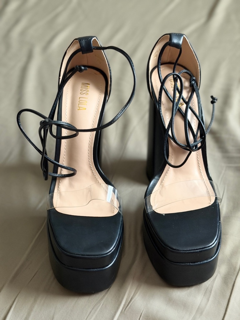 Miss Lola Black Platform Lace-Up Sandals with Clear Toe Strap
